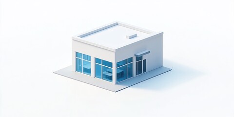 Isometric view of a small white building with blue windows.