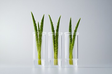 Three test tubes with aloe vera plants in a laboratory setting.