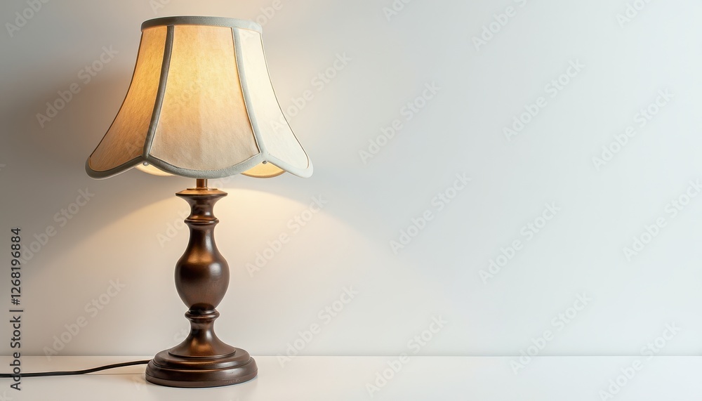 Poster isolated on white background: wooden table lamp with beige shade, elegant and pristine white table s