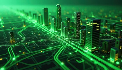 Obraz premium Vibrant Nighttime Digital Cityscape on White Background Green Lights, Roads, and Paths. A digital rendering of a futuristic city at night.