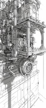 Steampunk factory blueprint intricate gears heavy shadows detailed mechanical drawing artistic architectural sketch.