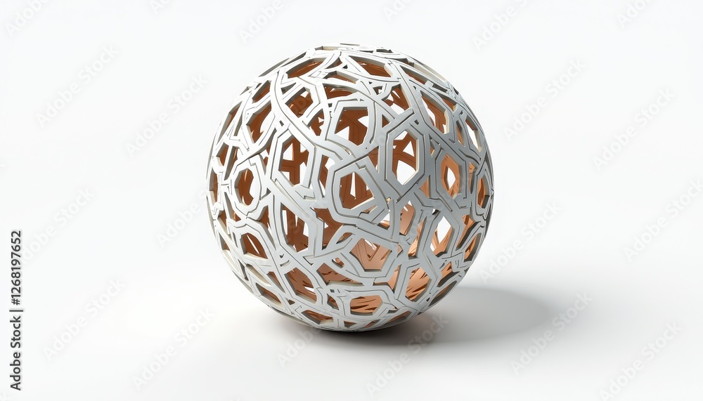 Poster isolated white spherical object with geometric patterns on white background. a white and copper sphe