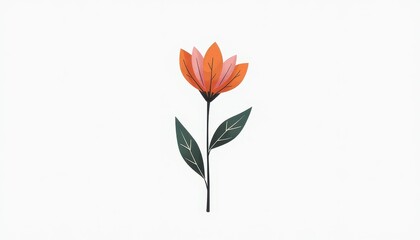 Vibrant Orange Flower Against Pure White Background: Modern Minimalist Design. A single  flower with green leaves on a white background.