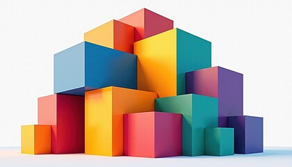 Fototapeta premium Vibrant MultiColored Cubes Against Pure White Background: A Spectacular Visual Contrast. A group of brightly colored cubes against a white background.