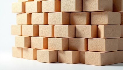 CloseUp of Smooth Wooden Blocks on White Background: Natural Texture Contrast. A stack of wooden blocks on a white surface.