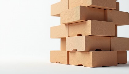 Vivid Contrast: Beige Wooden Blocks on Stunning White Background. A stack of wooden blocks on a white surface.