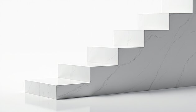 Minimalist White Marble Staircase on Pure White Background: Sleek, Glossy Steps with Modern Contrast. A set of white marble steps on a white surface.