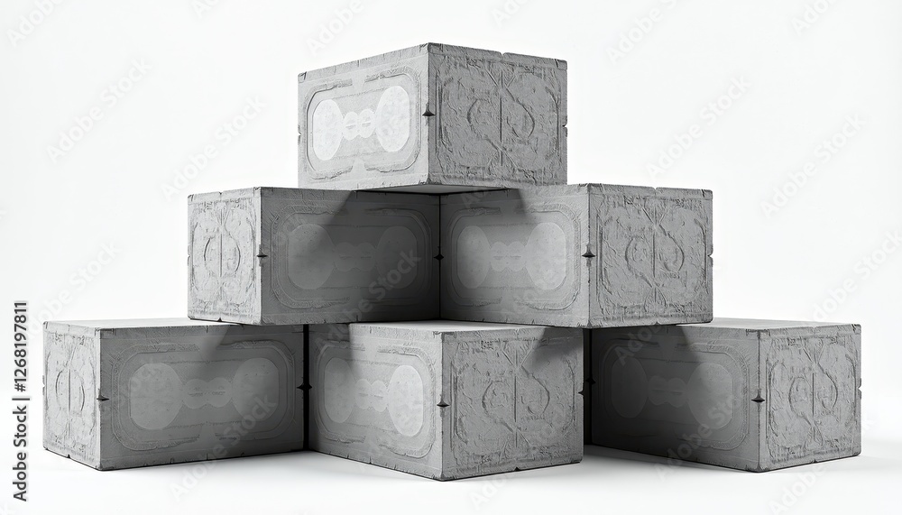 Poster isolated on white background: unique patterns in monochromatic gray concrete blocks. a stack of conc