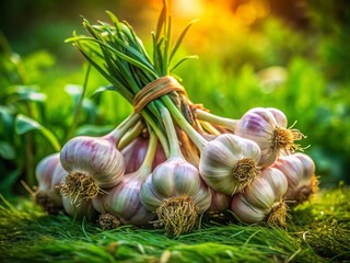 Fresh Organic Garlic Harvest: Low Light Garden Shot