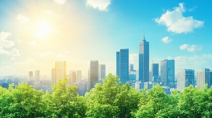 Fototapeta premium Sunny cityscape skyline with lush green trees.