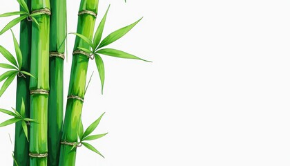 Isolated Bamboo Plant Against Pure White Background: Realistic Artistry and Vivid Greenery. A painting of a bamboo plant with green leaves.