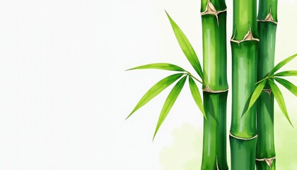Vibrant Bamboo Watercolor Against Pure White Background: Detailed and Lifelike Artistry. A watercolor painting of a bamboo plant with green leaves.