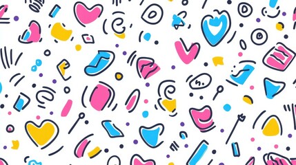 Bright and playful seamless doodle pattern perfect for kids art projects or trendy designs full of colorful shapes and fun vibes.