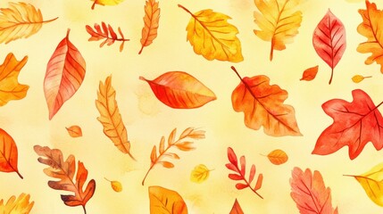 Obraz premium Explore a stunning watercolor pattern of autumn leaves featuring warm hues of orange, red, and yellow for a cozy vibe.