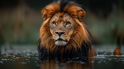 Fototapeta premium A majestic lion wades through water, showcasing its powerful presence.