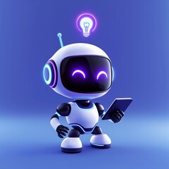 A cute 3D robot holding a tablet with a lightbulb icon above its head, symbolizing creativity and innovation, against a vibrant blue background