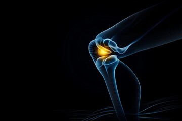 A digital illustration of a human knee joint with highlighted areas, showing the structure in blue and a glowing yellow section, symbolizing health or injury