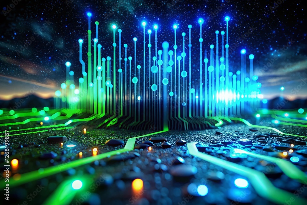 Aufkleber futuristic digital pattern: green blue binary code circuitry low light stock photo