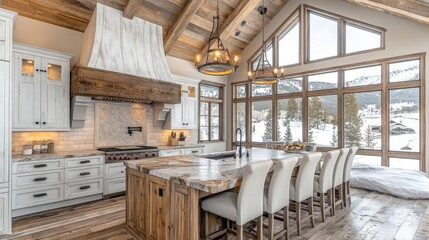 Sun Drenched Luxury Kitchen with Granite Island and Vaulted Wood Beam Ceiling