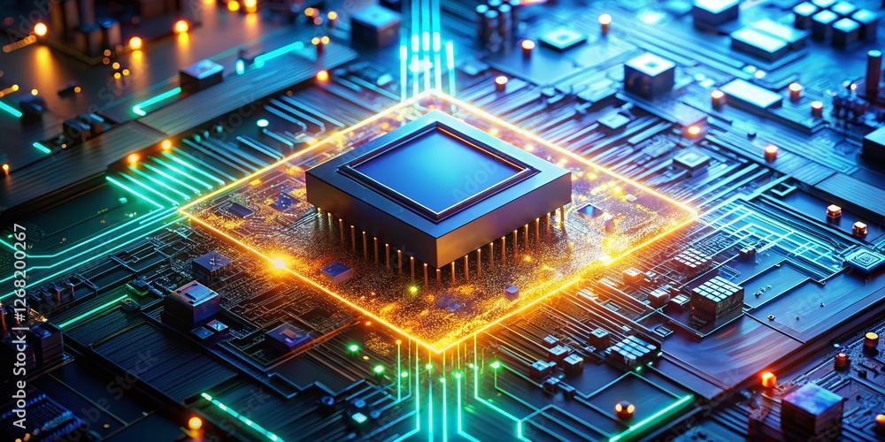 Poster futuristic microchip: glowing circuits & data connections - high-tech stock photo