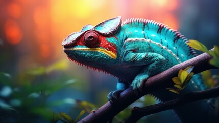 Obraz premium Stunning chameleon head captured in detail, showcasing vibrant colors against a softly blurred backdrop.