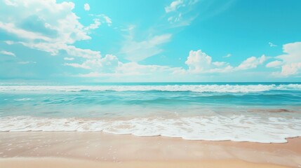 Fototapeta premium A tranquil vintage beach scene featuring soft waves and golden sand, perfect for evoking summer nostalgia.