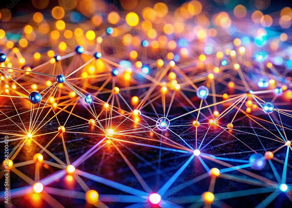 Poster futuristic network: illuminated dots & streams, tilt-shift background