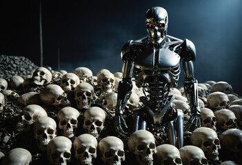 Naklejka premium evil humanoid robot walking over human skulls in a dystopian AI-controlled future