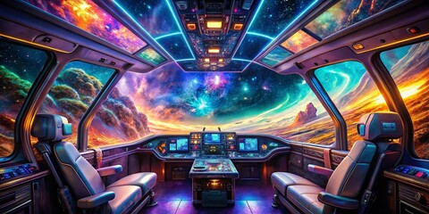 Futuristic Spaceship Interior Double Exposure: Sci-Fi Spaceship Cabin Stock Photo