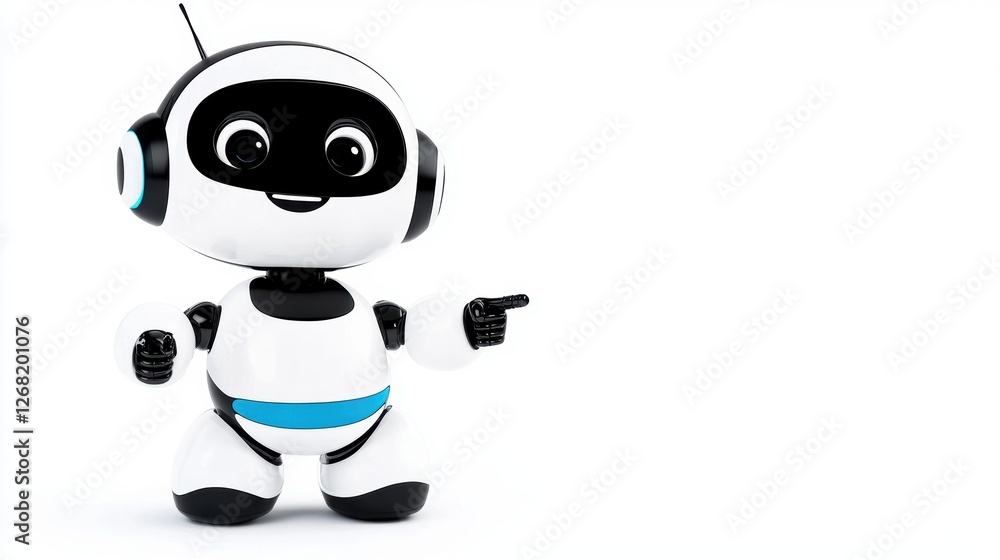 Poster a friendly robot character with headphones, pointing and smiling.