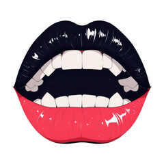 vibrant illustration of glossy lips with contrasting black and red colors, showcasing open mouth with visible teeth. bold design emphasizes shiny texture and striking color contrast