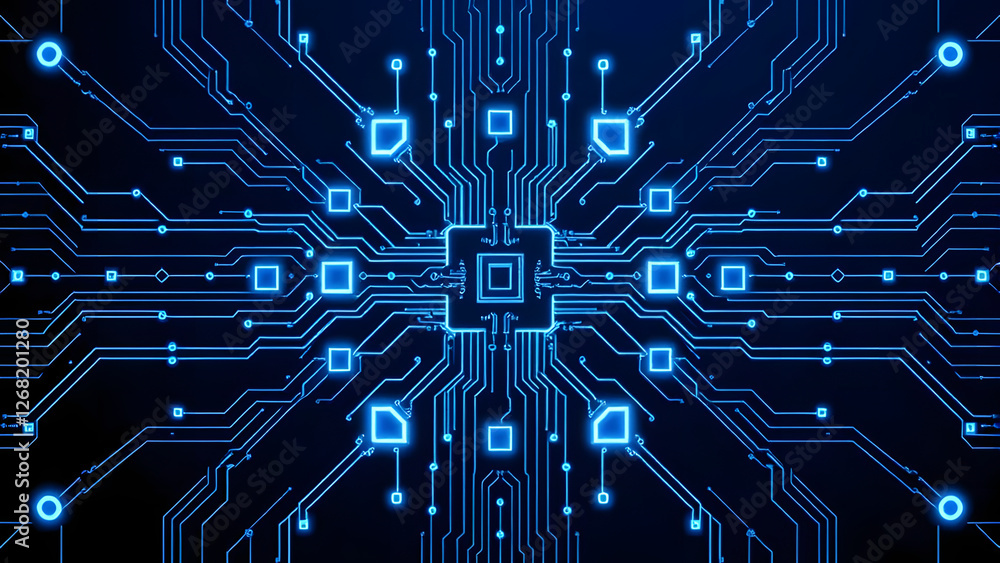 Poster a digital blue abstract background with circuit board lines and starry tech pattern