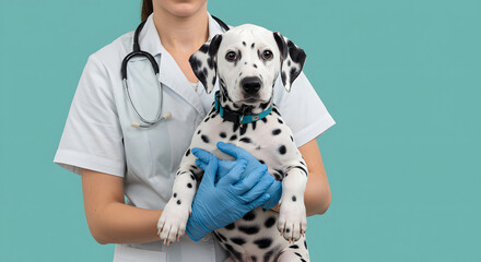 Veterinarian holding a Dalmatian puppy in a clinic setting - A veterinarian in a white coat, wearing blue gloves, holds a Dalmatian puppy.