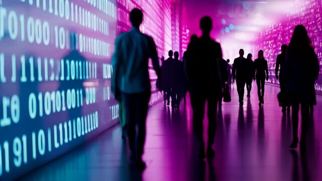 Silhouettes of people walking in a digital tunnel with binary code and glowing pink and blue light, symbolizing technology and connectivity.	
