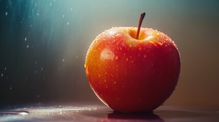 A red apple is sitting on a table with water droplets on it