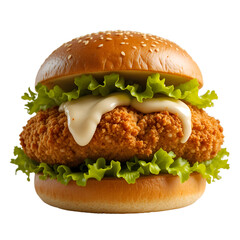 Crispy hamburger Zinger Burger, Perfectly Lit & Mouthwatering, isolated on a transparent background