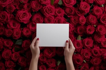 Obraz premium A pair of hands holding a blank card over a bed of red roses, creating a romantic and elegant setting perfect for expressing love or heartfelt messages