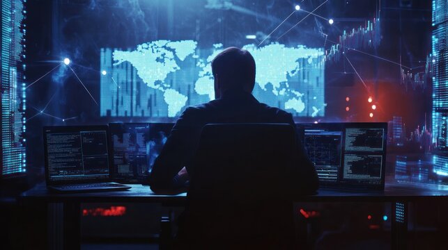 Global Network Hacker at Work in Dark Room