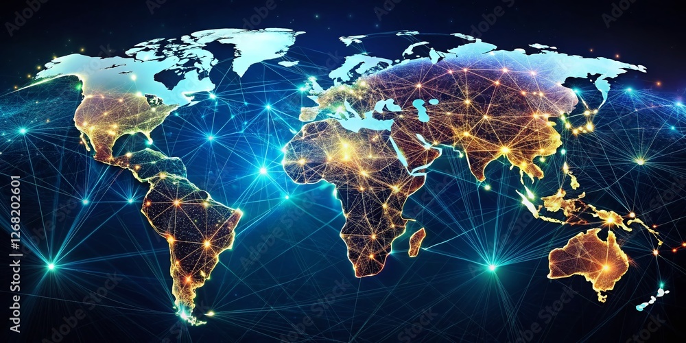Poster glowing world map with interconnected lines: global network concept stock photo