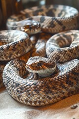 Obraz premium A Rattlesnake Lounges on Sandy Ground with its Head Facing the Camera, Showcasing Detailed Brown Scales and Patterns