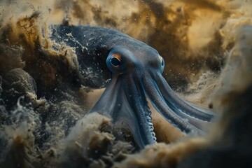 squid releasing ink as a defense mechanism underwater, capturing the dynamic swirls of dark ink against the ocean backdrop