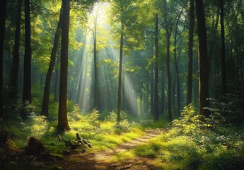 Lush Woodland with Sunlight Filtering through Misty Trees in a Tranquil Scenic Landscape