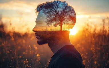 Silhouette of a Man with Serene Landscape in Mind Reflecting Psychology and Introspection