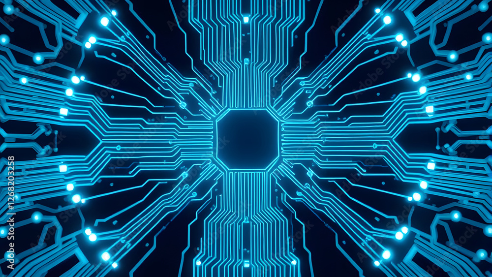 Poster a digital blue abstract background with circuit board lines and starry tech pattern