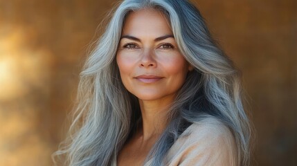 Fototapeta premium Portrait of a smiling Native American woman in her 40s with gray hair wearing a cozy white sweater and radiating warmth and happiness