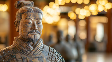 A close-up of a terracotta soldier with a blurred modern army in the background, symbolizing the contrast between ancient and modern forces. Bright tones and empty space create a sense of chaos