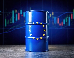 Blue barrel with European Union flag in front of financial charts represents economic trends