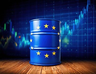 Blue oil barrel with European Union flag on a wooden surface and financial chart backdrop
