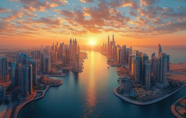 Dubai Skyline Aerial View at Sunrise with Colorful Clouds and Warm Earth Tones Over Marina and Harbor