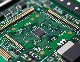 Detailed View of a Microprocessor on a High-Tech Circuit Board with Vibrant LED Features